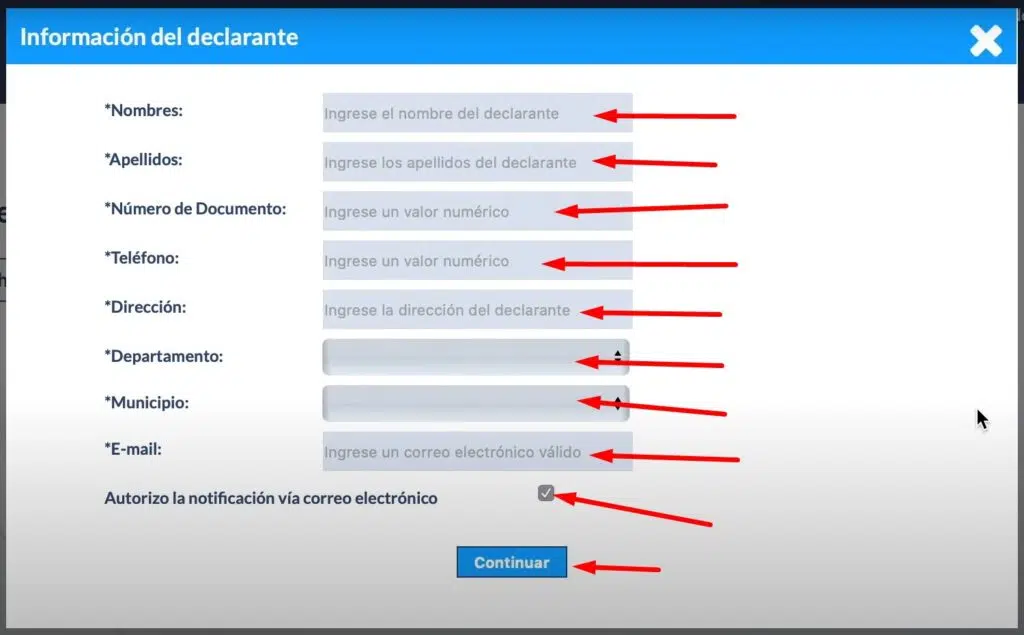 Impuesto Vehicular Caldas Diligencia datos del formulario