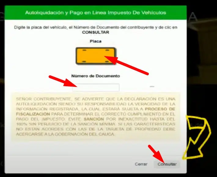 Impuesto Vehicular Cauca Placa y Numero de Documento