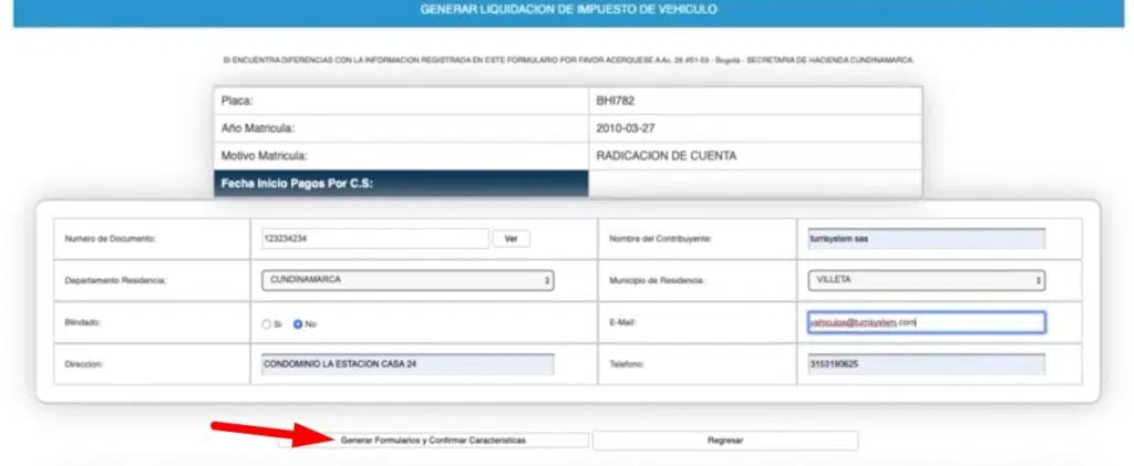Impuesto Vehicular Cundinamarca Rellenar datos