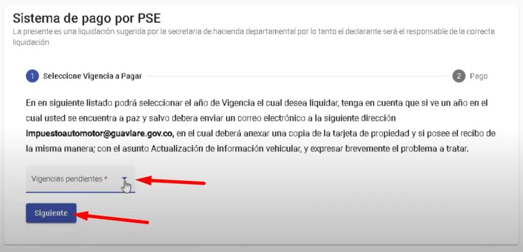 Impuesto Vehicular Guaviare Vigencias pendientes