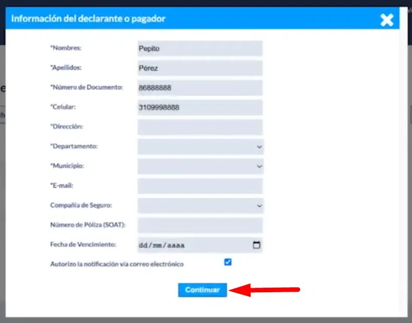 Impuesto Vehicular Meta Diligencie formulario