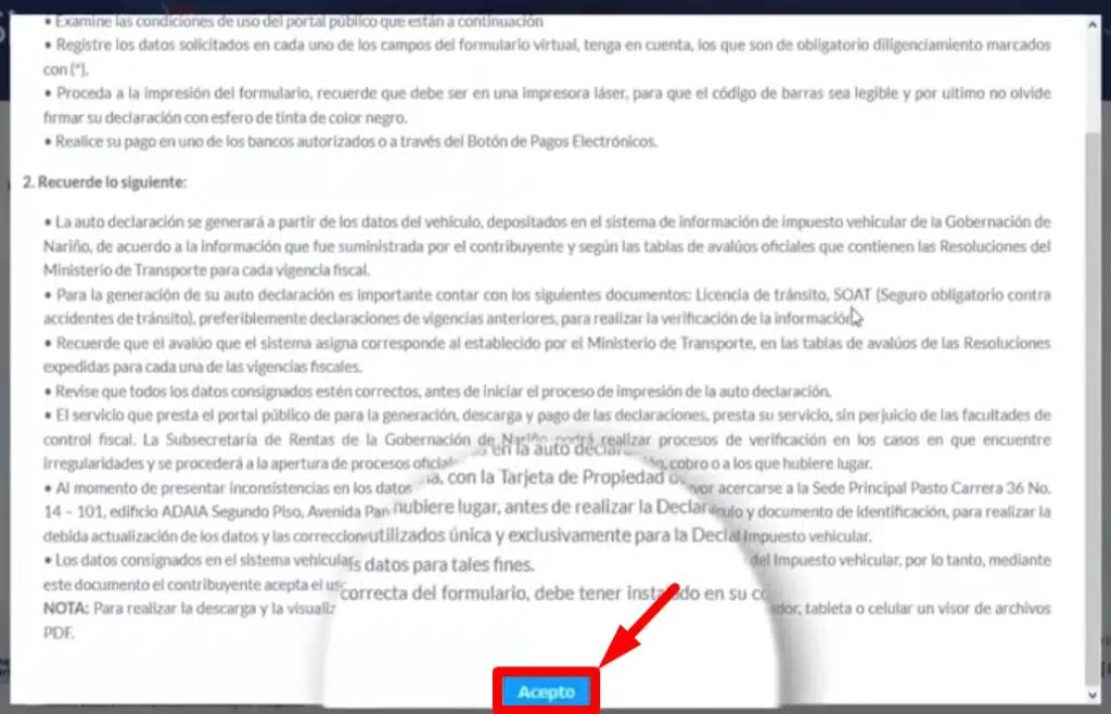 Impuesto Vehicular Narino Aceptar condiciones