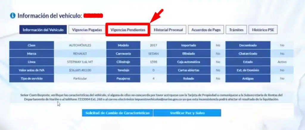 Impuesto Vehicular Narino Vigencias pendientes