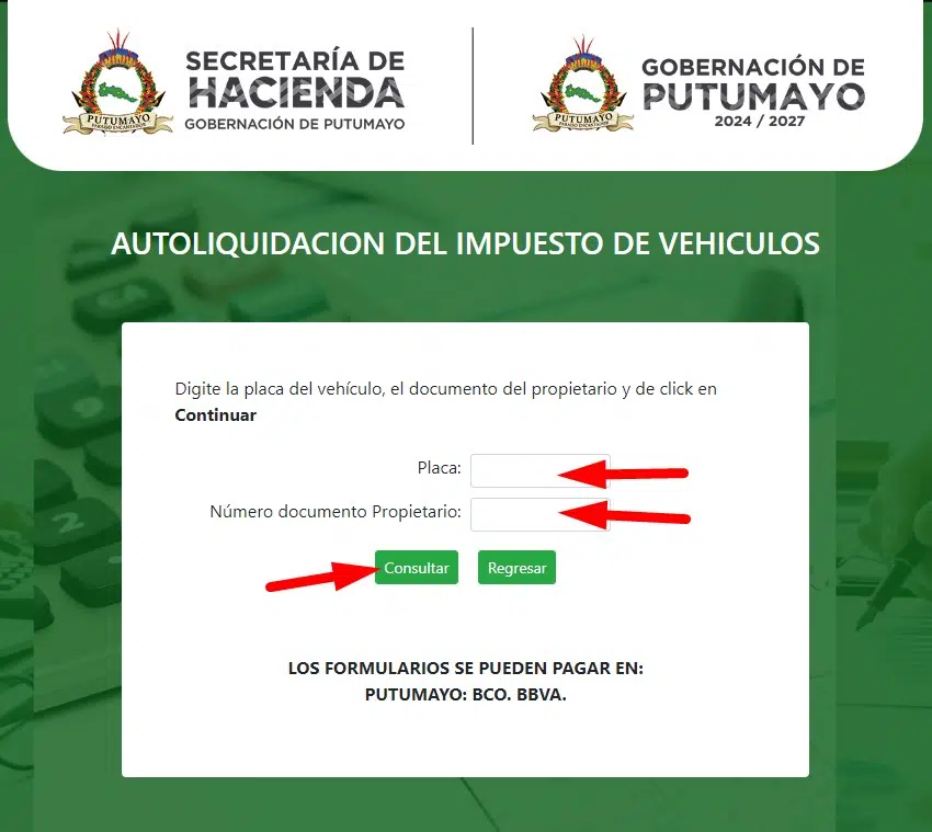 Impuesto Vehicular Putumayo Placa y documento