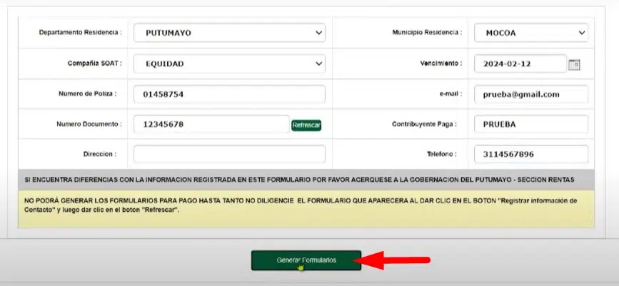 Impuesto Vehicular Putumayo Rellenar formulario