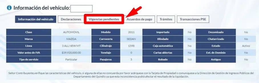 Impuesto Vehicular Quindio Vigencias Pendientes