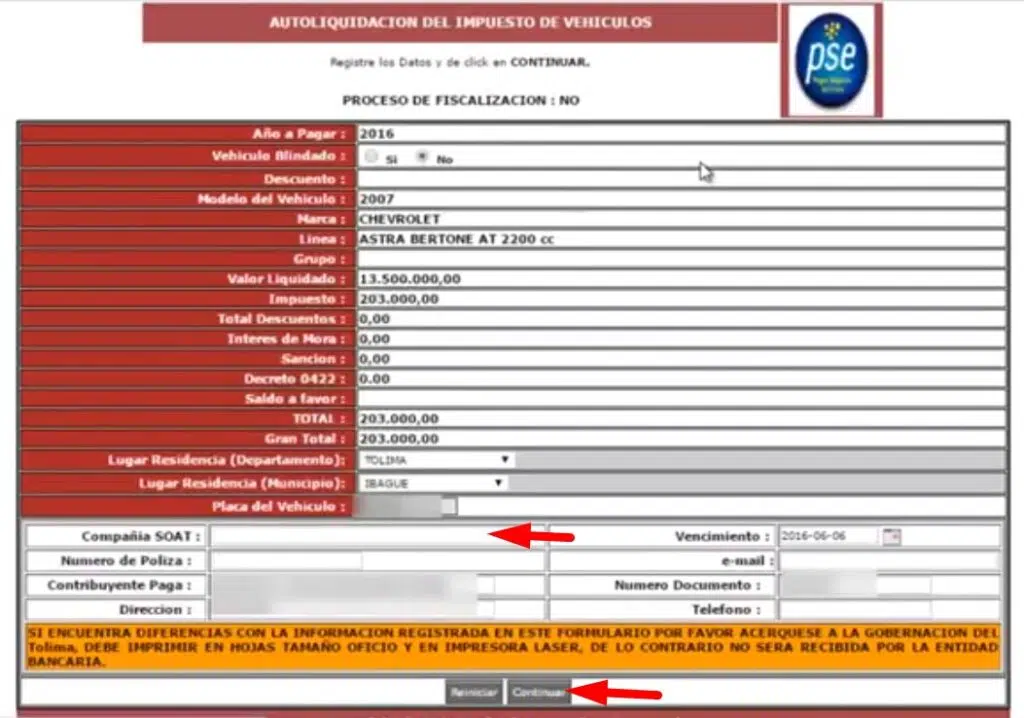 Impuesto Vehicular Tolima Rellenar datos formulario