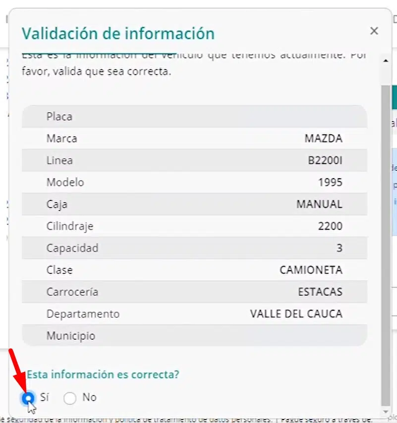 Impuesto Vehicular Valle del Cauca Confirmar datos